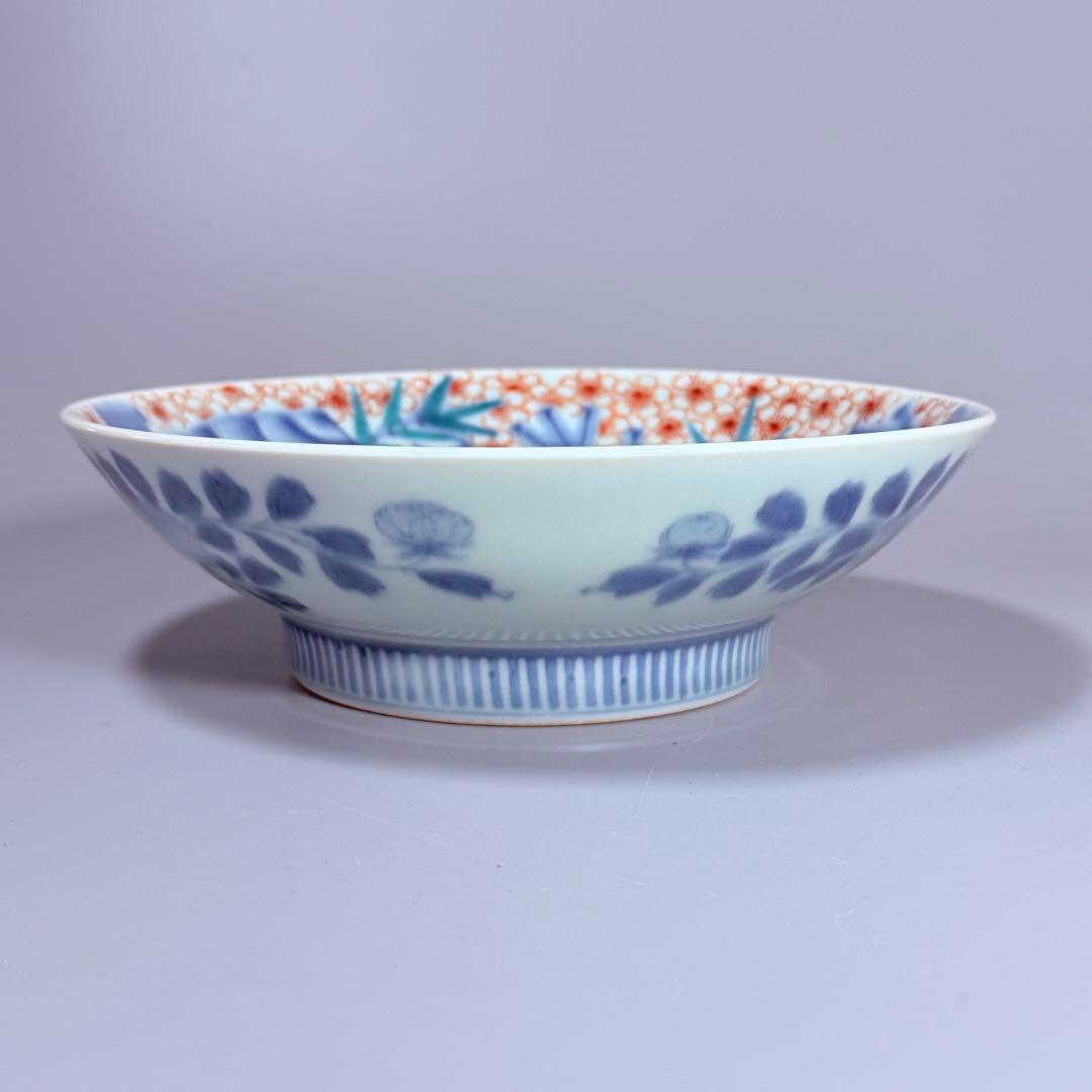 後期鍋島　献上品　色絵宝珠文高台皿　櫛文様高台　共箱　赤絵　桜文様