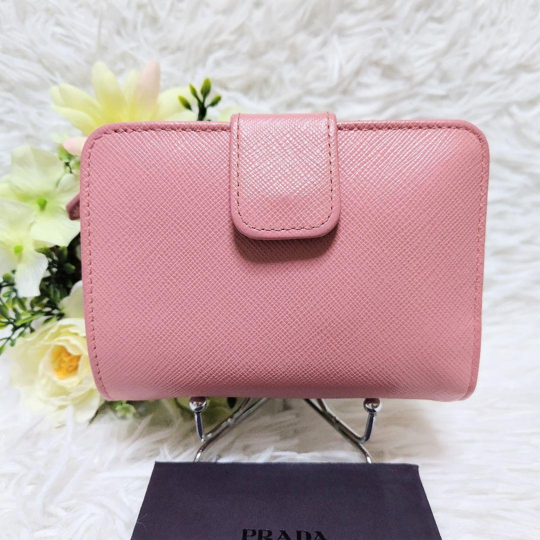 レア美品✨プラダ◇バイカラーミディアムコンパクト二つ折り財布　りぼんピンク