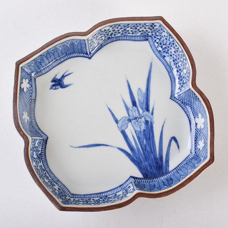 九谷焼　九谷寿楽窯　嶋田寿楽作　染付　菖蒲文　盛皿　共箱　V　R9055