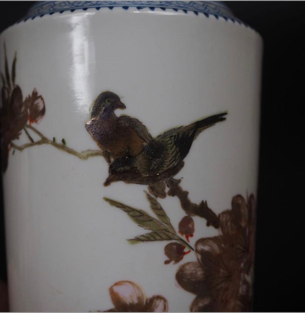 送料無料　1950～60年代景徳鎮製薄胎花瓶　手描き 画於珠山 中国名磁　共箱