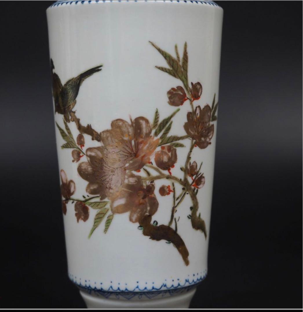 送料無料　1950～60年代景徳鎮製薄胎花瓶　手描き 画於珠山 中国名磁　共箱