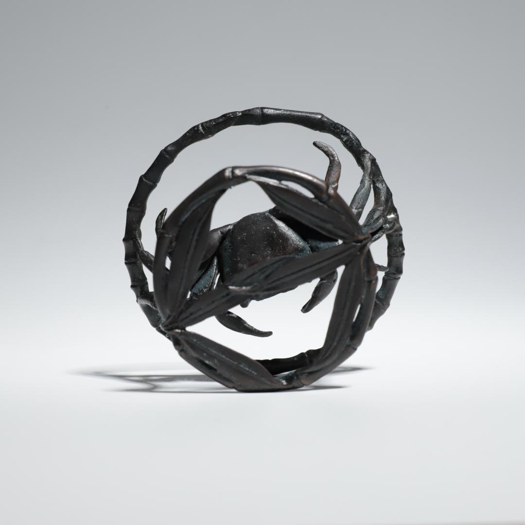 籠蟹 蓋置 置物 銅器 共箱 共布 骨董 時代物 古道具 240322DZ20