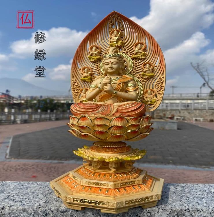 【修縁堂】新作　仏教工芸品　木彫仏像 彩金 彩金 彩繪 大日如来座像
