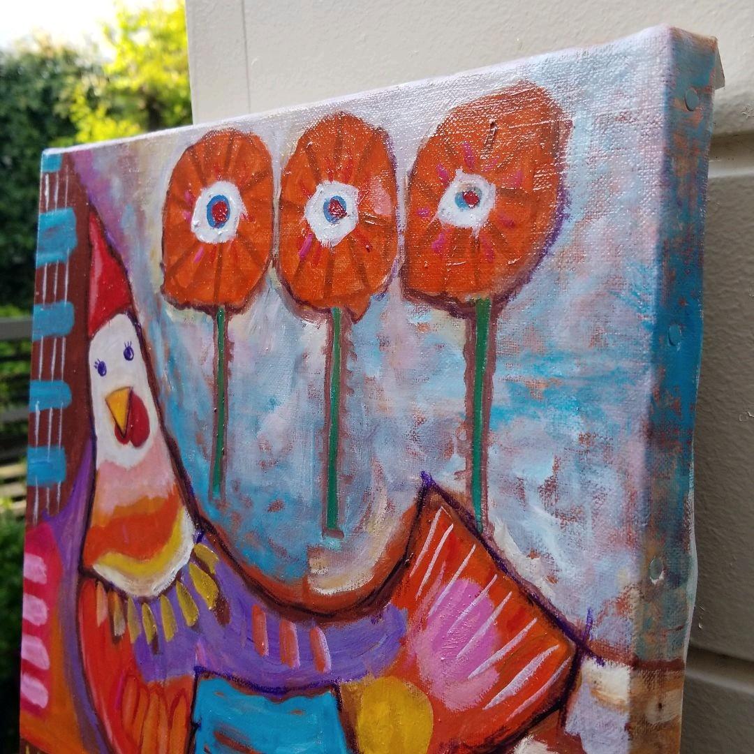 キャンバス油絵　 専用　ごきげんなめんどり♪♪