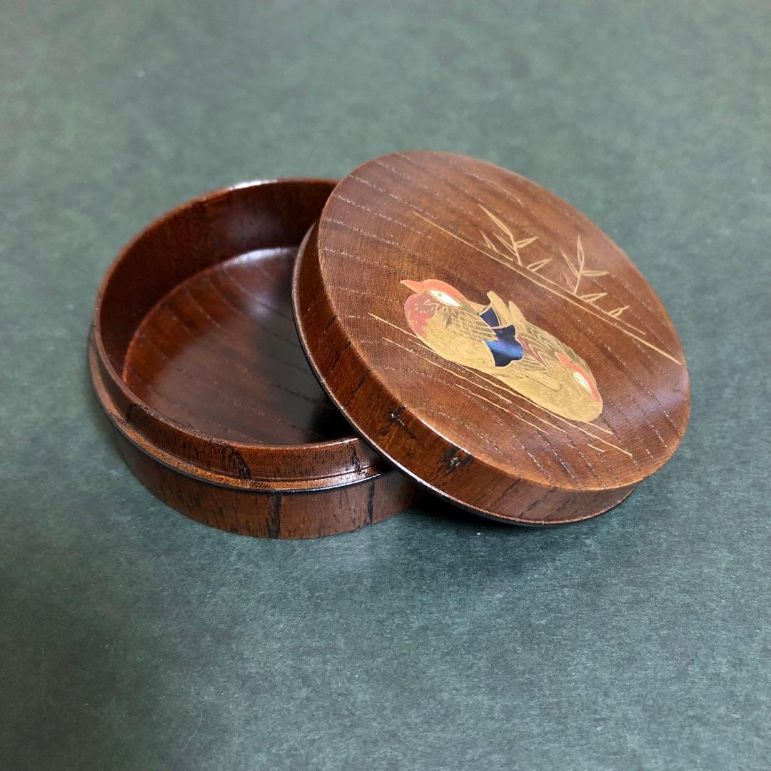 新井司峰 鴛鴦蒔絵欅丸香合 共箱 茶道具
