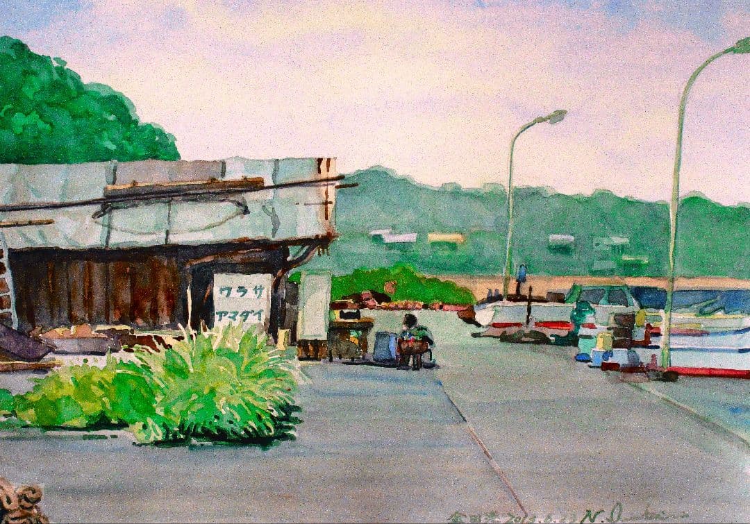 漁港の魚売り小屋 水彩画 額装あり 原画 F6サイズ