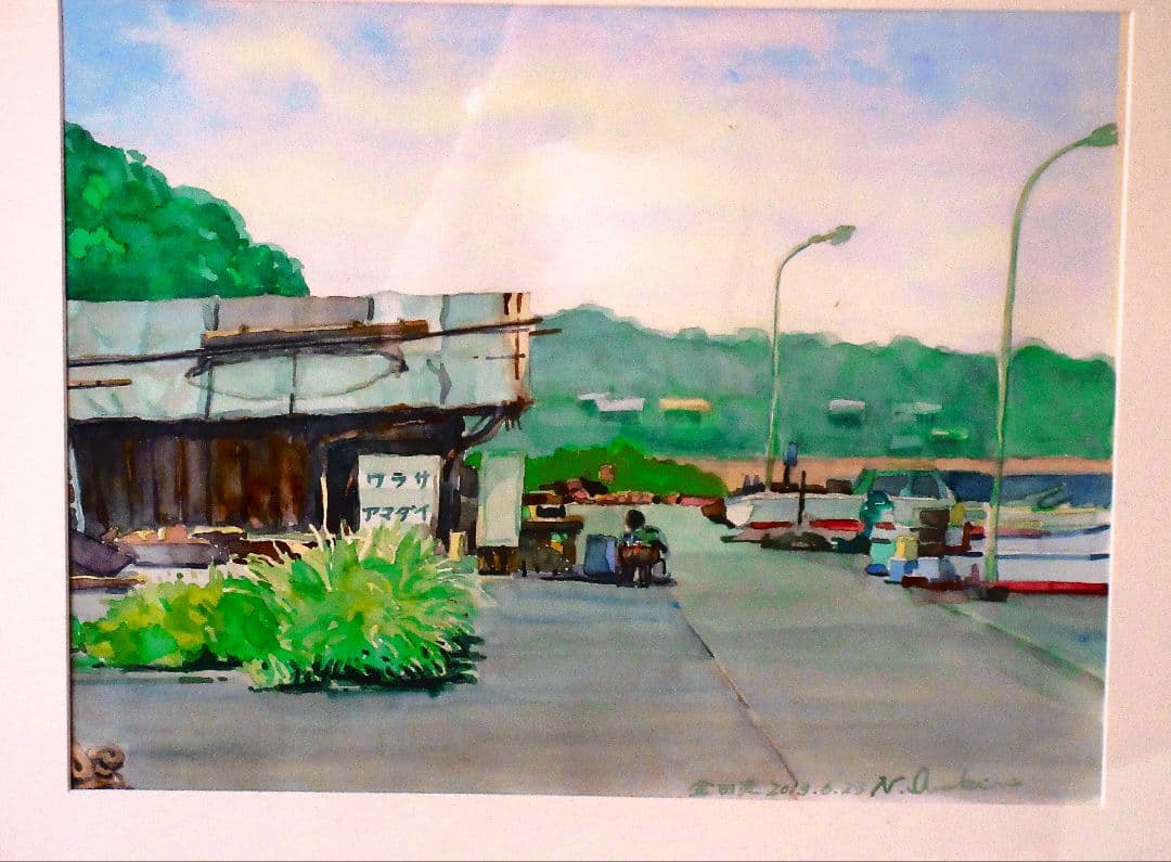漁港の魚売り小屋 水彩画 額装あり 原画 F6サイズ