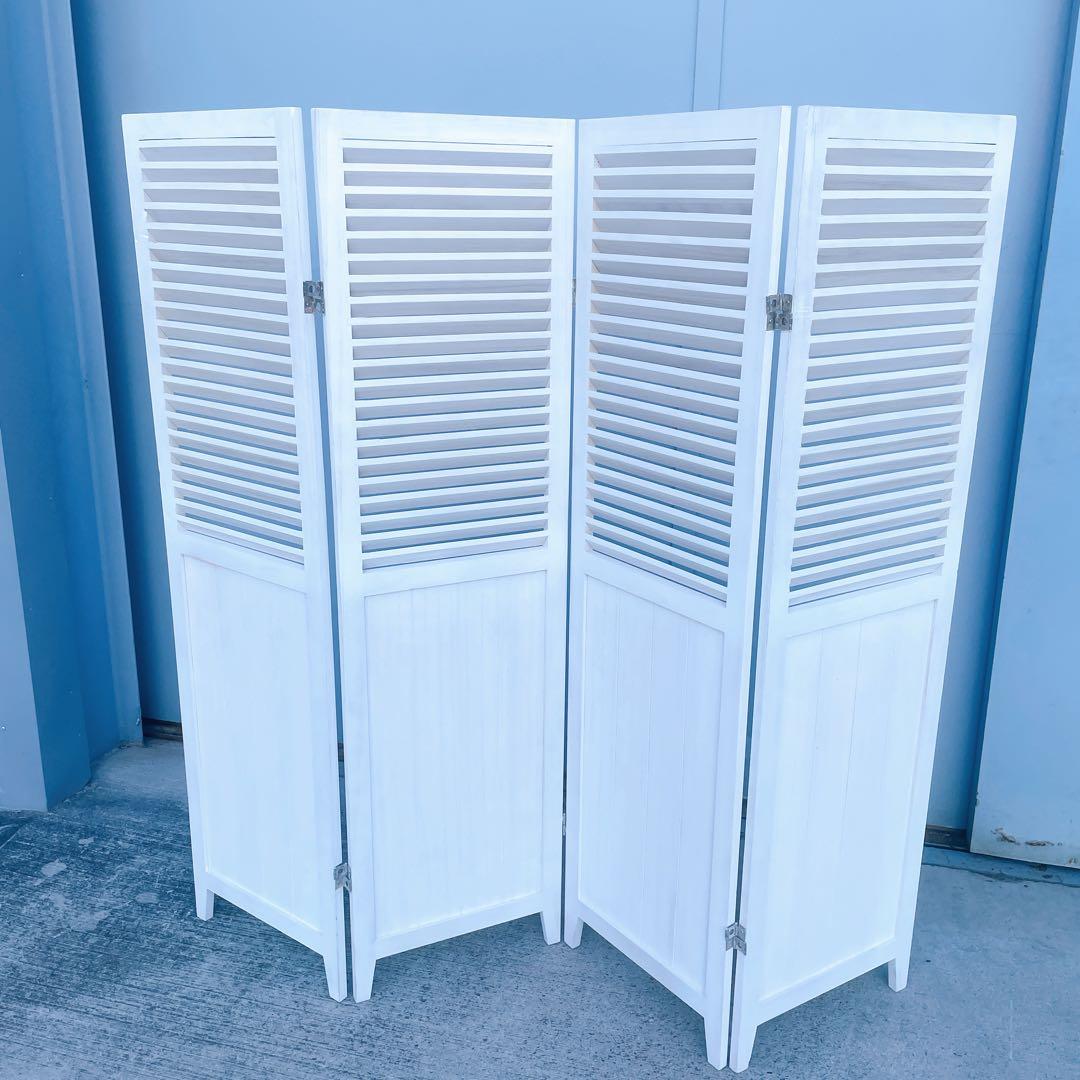 【美品/送料込】北欧風 木製4連パーテーション 衝立 白家具 間仕切り