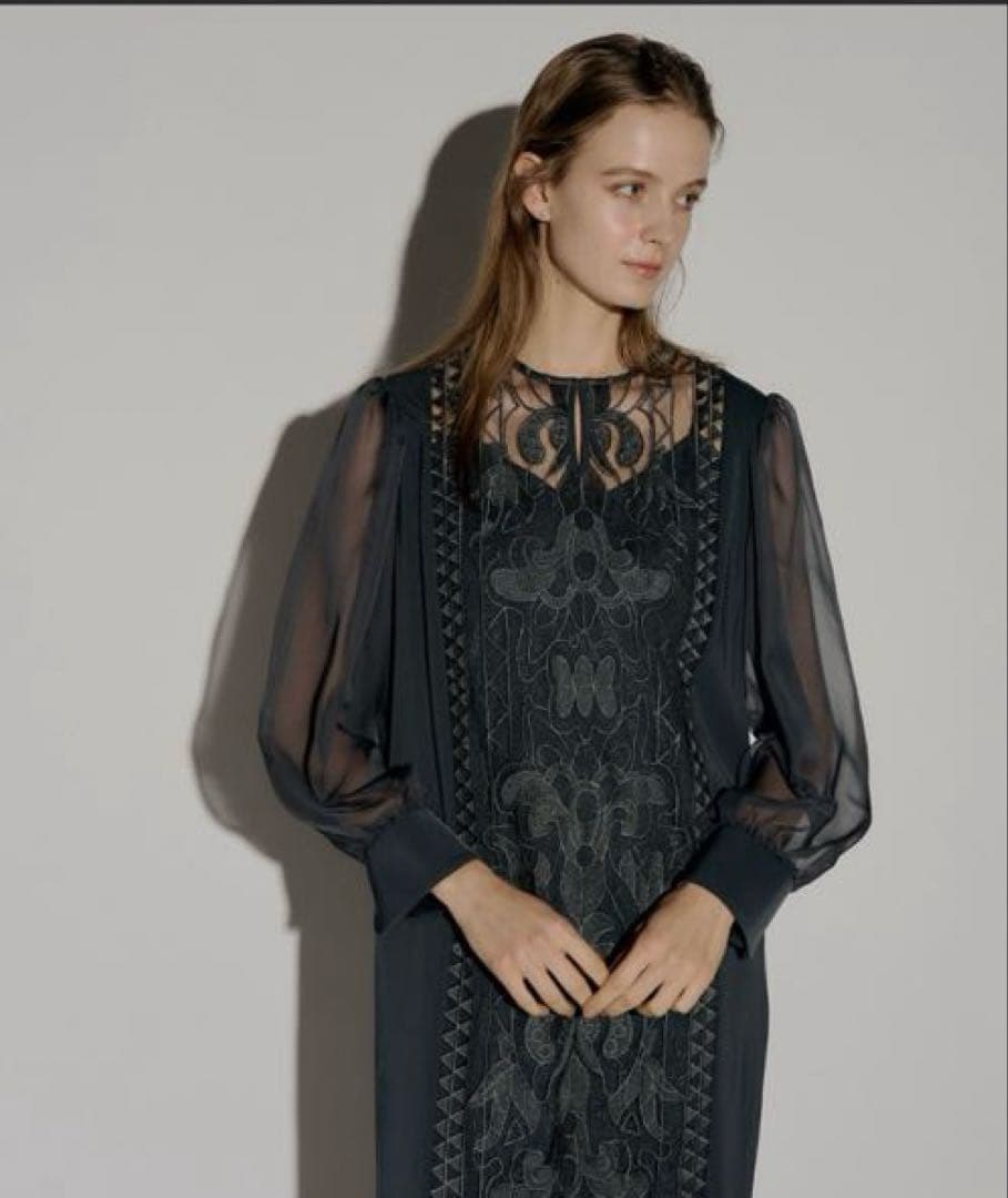 L'ERURE Jacquard lace pencil dress ネイビー