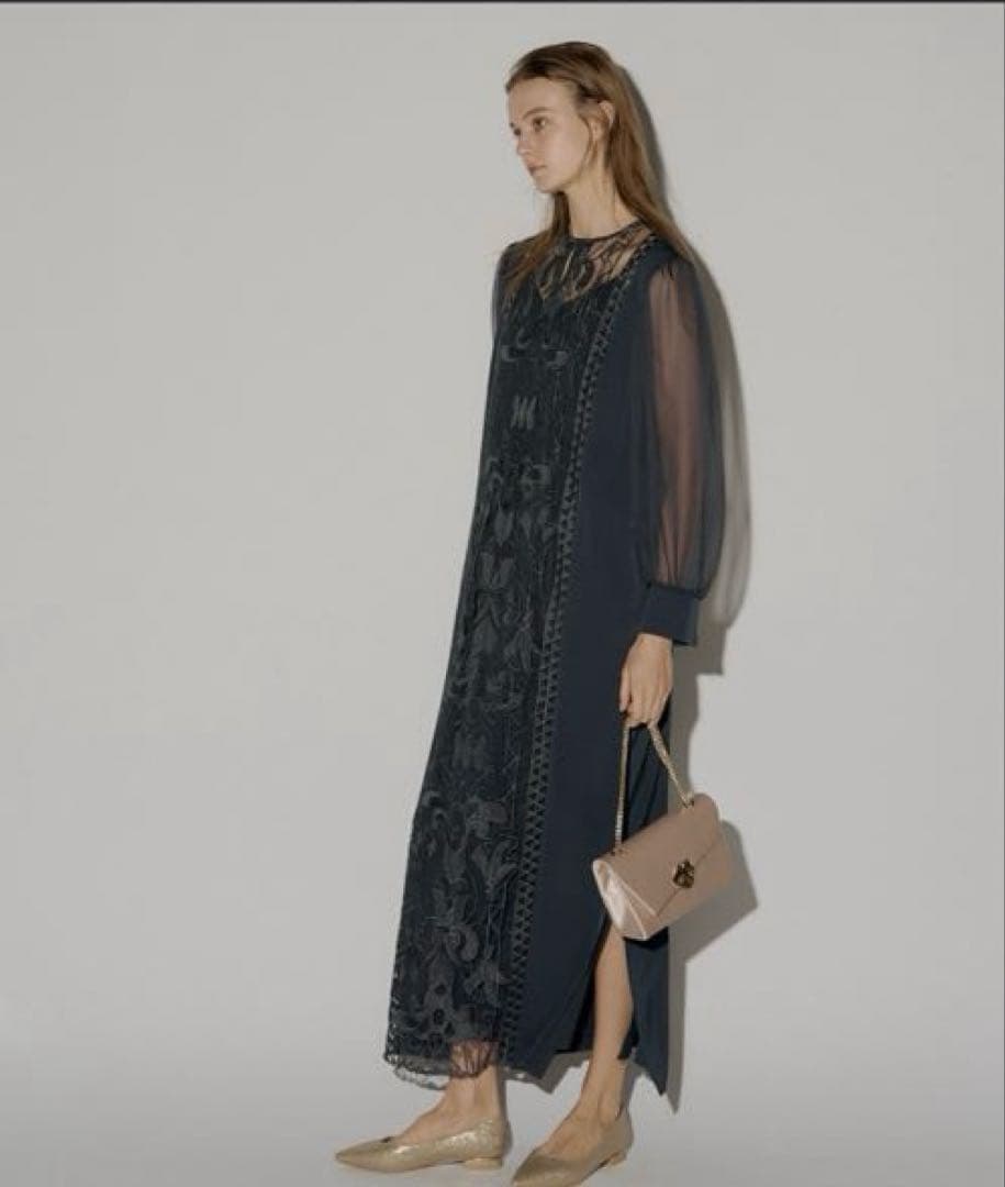 L'ERURE Jacquard lace pencil dress ネイビー