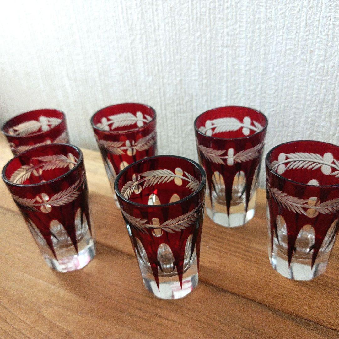 【昭和アンティーク】江戸切子（赤被せ）ショットグラス6個セット