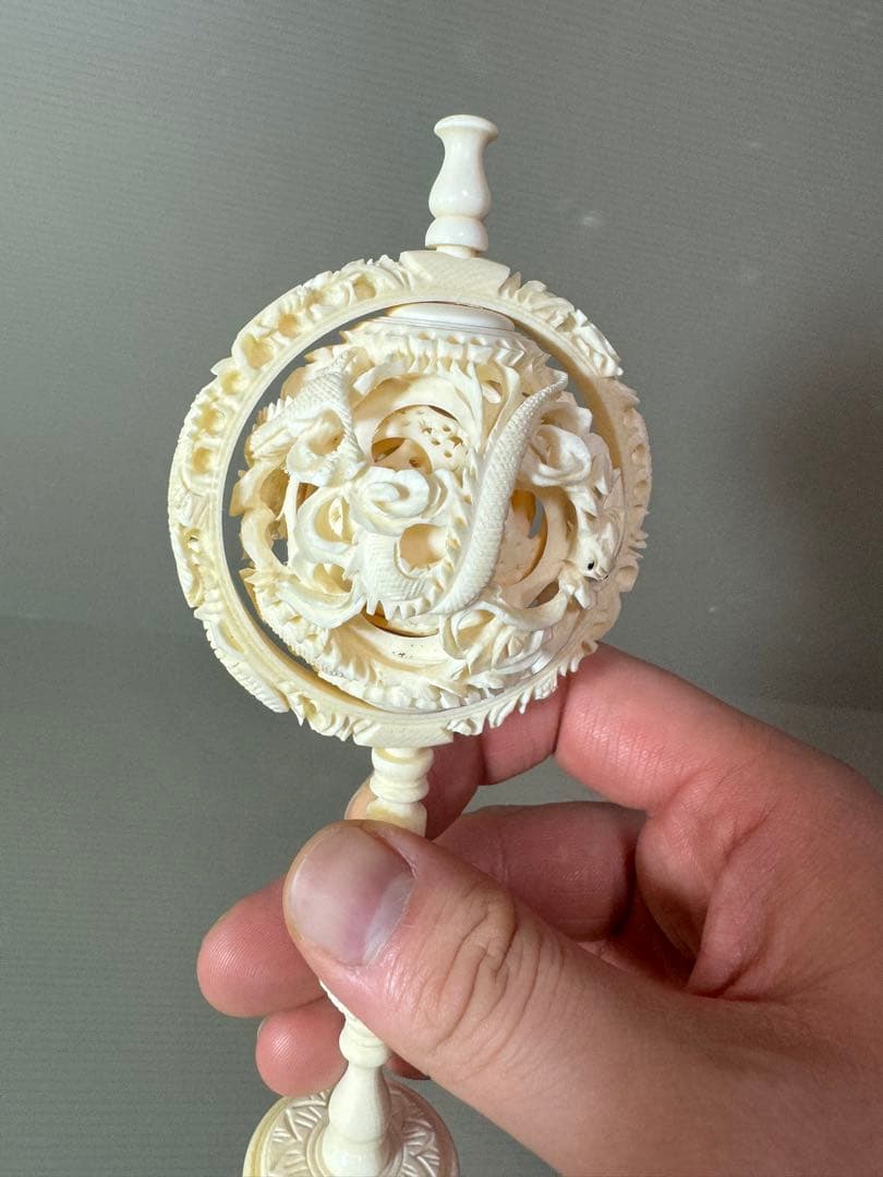 2735 天球儀　 龍文　彫刻 置物 層球 美術品 透し彫り細工 中国美術