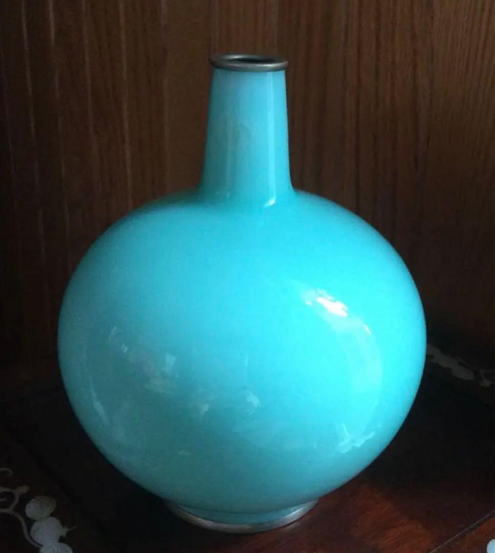 安藤七宝店製、青玉釉唐草文花瓶、一輪挿し、箱付き