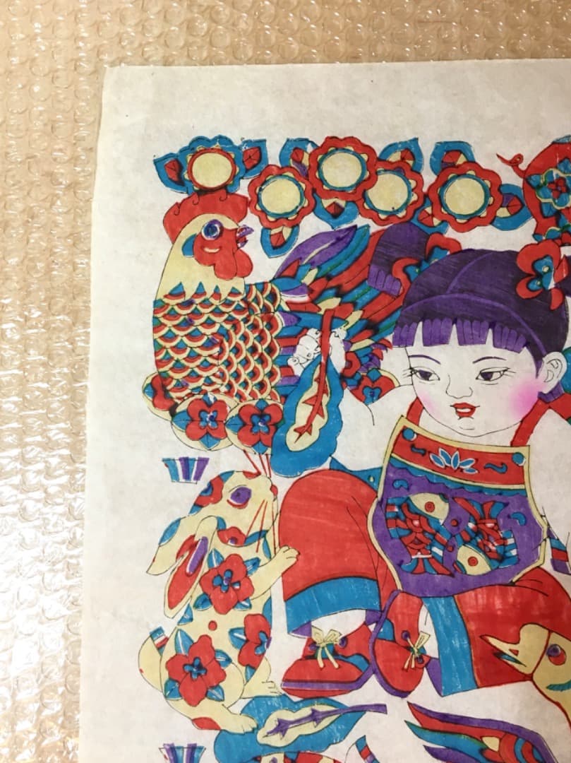 【縁起物】動物と少女の色鮮やかな版画　版画 中国 年画 春節 節句 旧正月