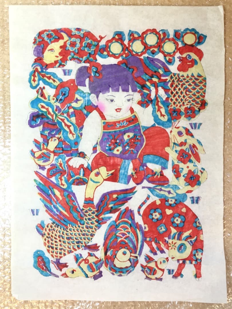 【縁起物】動物と少女の色鮮やかな版画　版画 中国 年画 春節 節句 旧正月