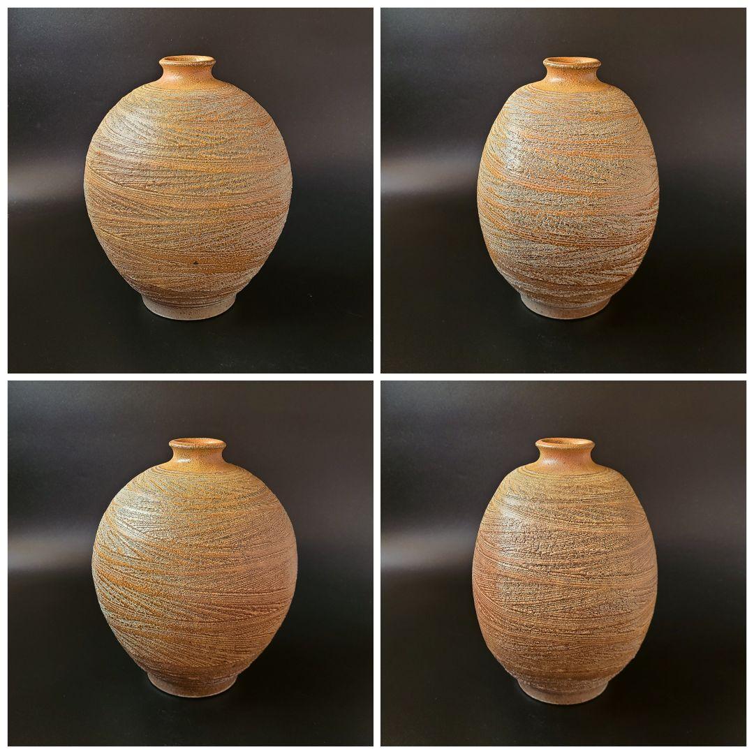 塩釉彩線紋扁壷　松尾潤　共箱　武雄市　現代陶芸　飾壷　花入　花瓶　花活け