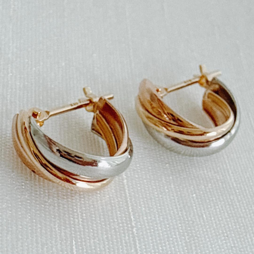 10金【3連トリニティーカラーピアス】PT/YG/PG 日本製 ペア 新品！