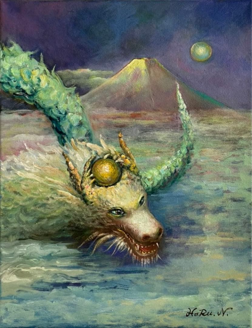 ☆ HaRu 辰年 龍 竜 富士山 縁起物 1点物 真作 原画 絵画 油絵 ♪