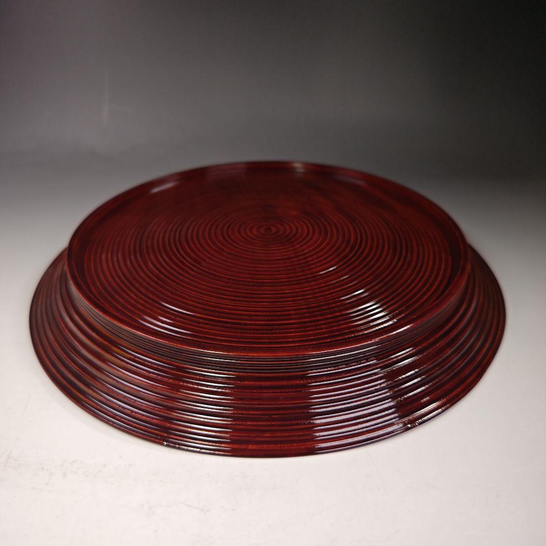 イ331 盆『塗師　哲山作』『溜塗ロクロ目　丸盆　共箱』茶道具　漆塗