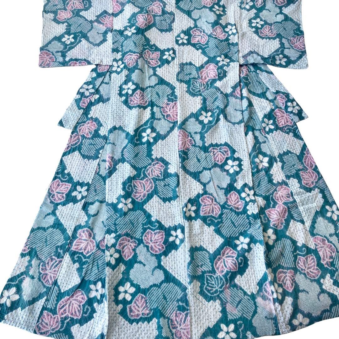 ★ ヨル★青緑色 身丈150 有松絞り 絞り浴衣　総絞り NO32