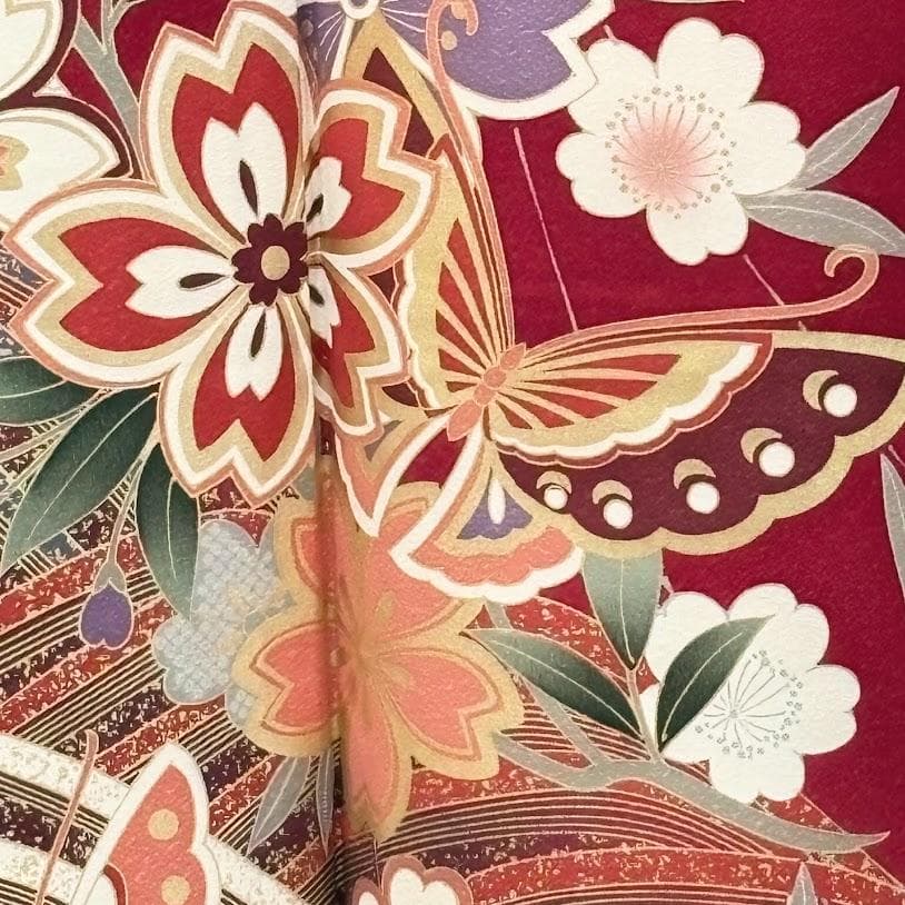 ゆりのはな　振袖　京友禅金彩加工　流水に蝶/さくら模様　赤色系　正絹　F306