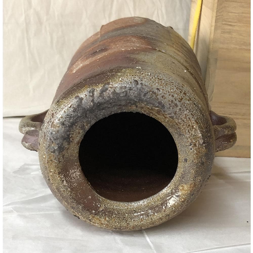 e3057 日幡光顕 備前焼 耳付 花入 共箱 高さ23cm