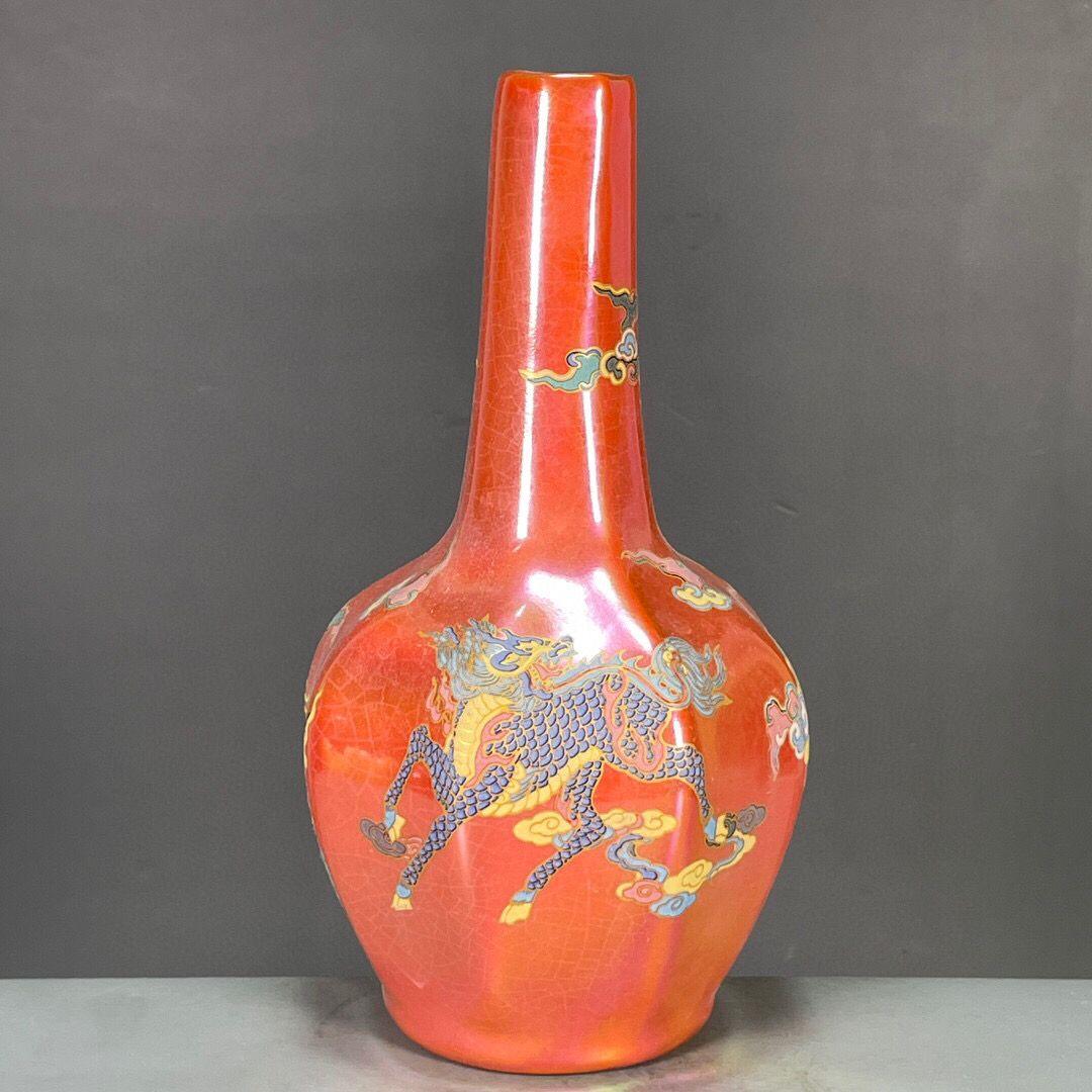 宋清涼寺七彩龍紋瓜稜夜光磁の花瓶 景徳鎮 陶磁器 装飾品 現代工芸品美術品 置物