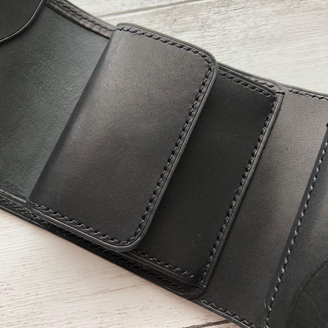 新喜皮革コードバン×サドルレザー 三つ折りミニウォレット 総手縫い ブラック