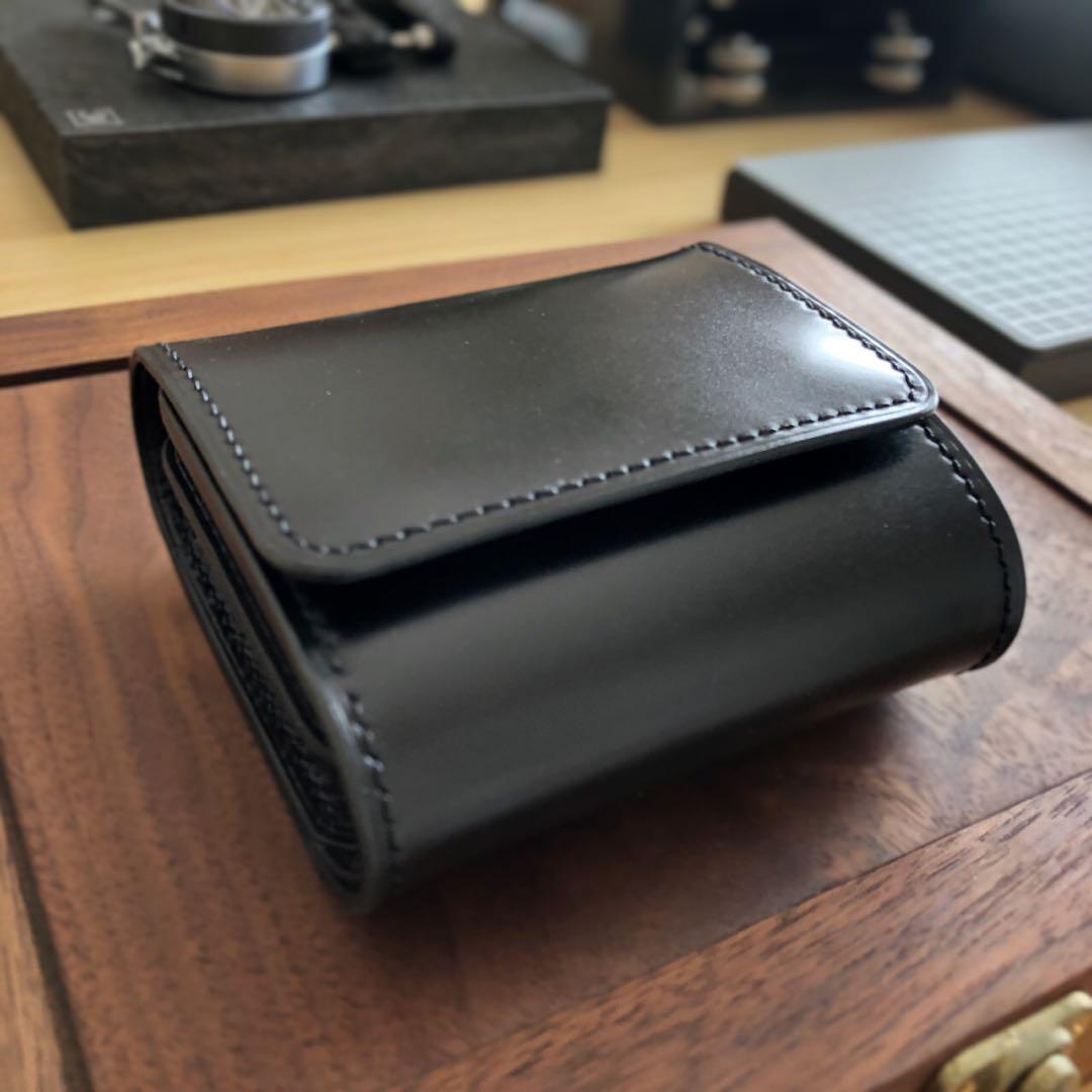 新喜皮革コードバン×サドルレザー 三つ折りミニウォレット 総手縫い ブラック
