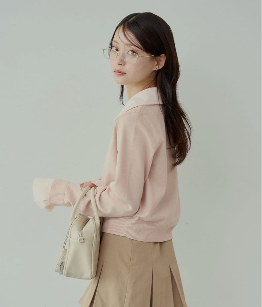 Chico レイヤード襟付きポロニット ピンク