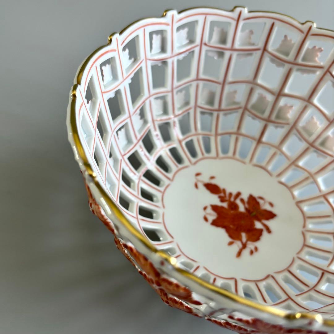 HEREND　ヘレンド　アポニーオレンジ　手描き　透かしバスケット【未使用】