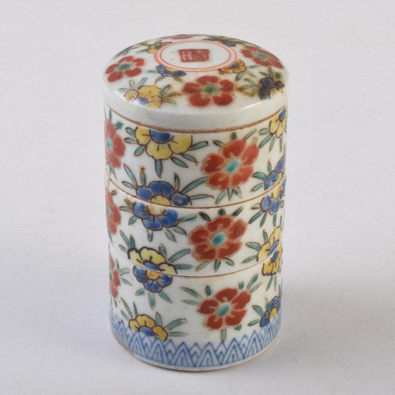 中国　粉彩　花草文　三段重箱　蓋物　V　8785