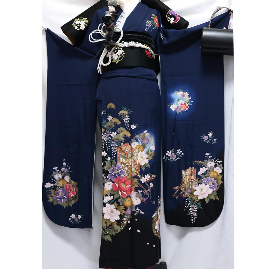◆ 振袖6点セット ◆丈169cmフルセット紺色成人式正絹前撮り卒業式40Am