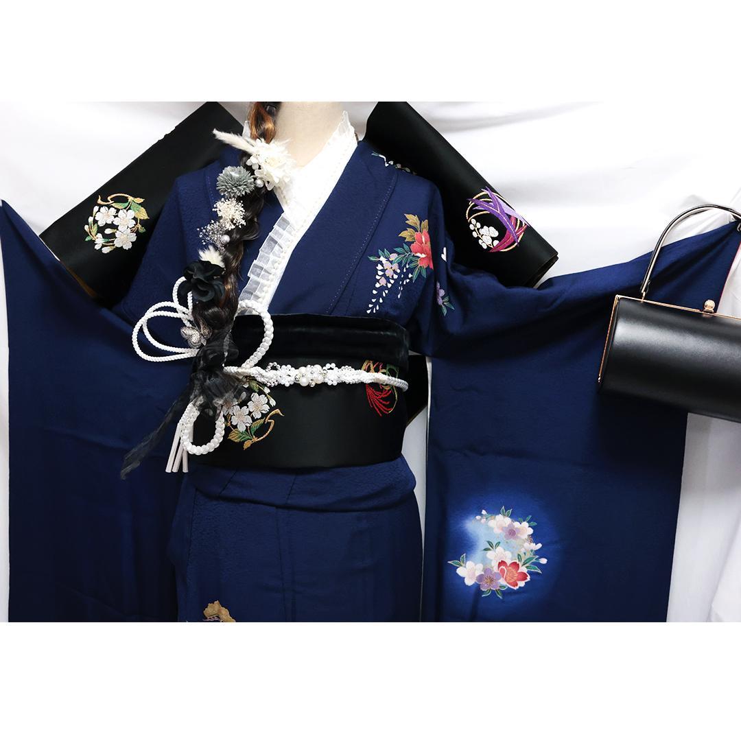 ◆ 振袖6点セット ◆丈169cmフルセット紺色成人式正絹前撮り卒業式40Am