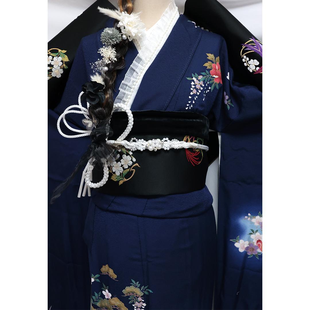 ◆ 振袖6点セット ◆丈169cmフルセット紺色成人式正絹前撮り卒業式40Am