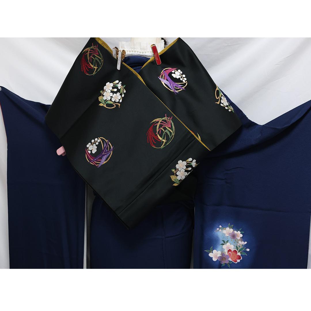 ◆ 振袖6点セット ◆丈169cmフルセット紺色成人式正絹前撮り卒業式40Am