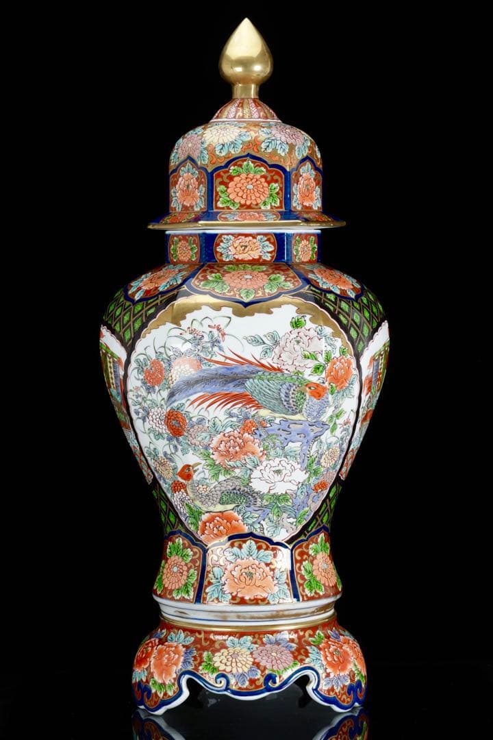 有田焼 龍右衛門 染錦窓絵花鳥図 沈香壺 飾壺 三段壺 特大85㎝ 骨董 古美術