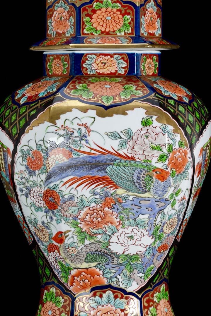 有田焼 龍右衛門 染錦窓絵花鳥図 沈香壺 飾壺 三段壺 特大85㎝ 骨董 古美術