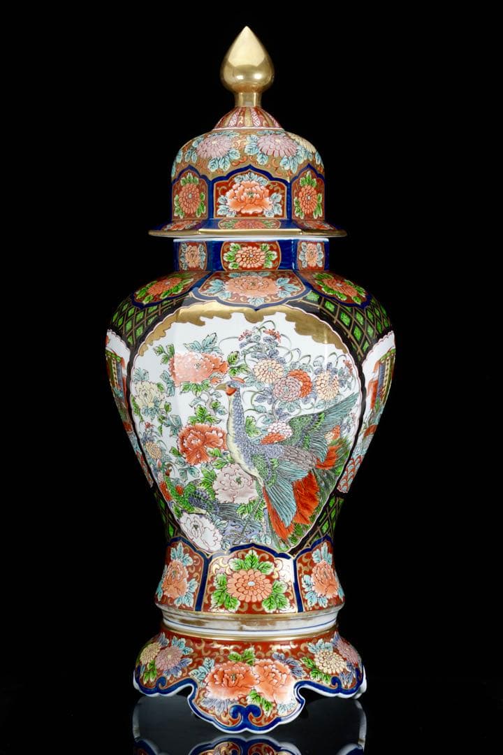 有田焼 龍右衛門 染錦窓絵花鳥図 沈香壺 飾壺 三段壺 特大85㎝ 骨董 古美術