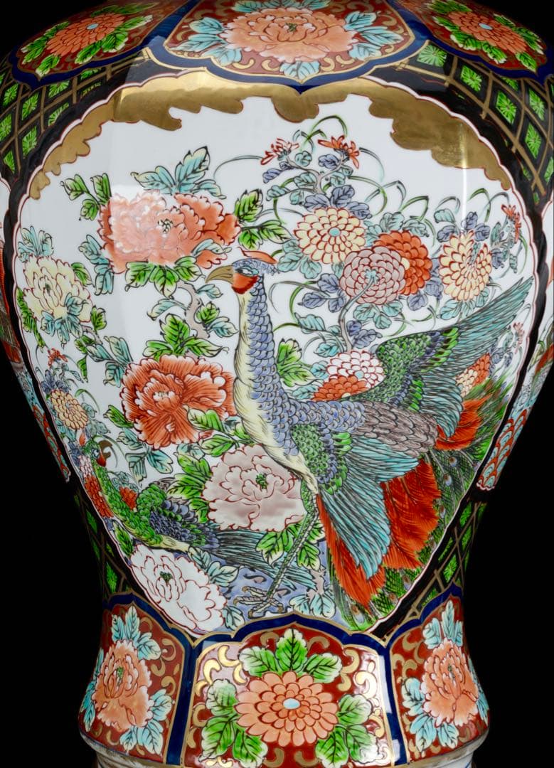 有田焼 龍右衛門 染錦窓絵花鳥図 沈香壺 飾壺 三段壺 特大85㎝ 骨董 古美術