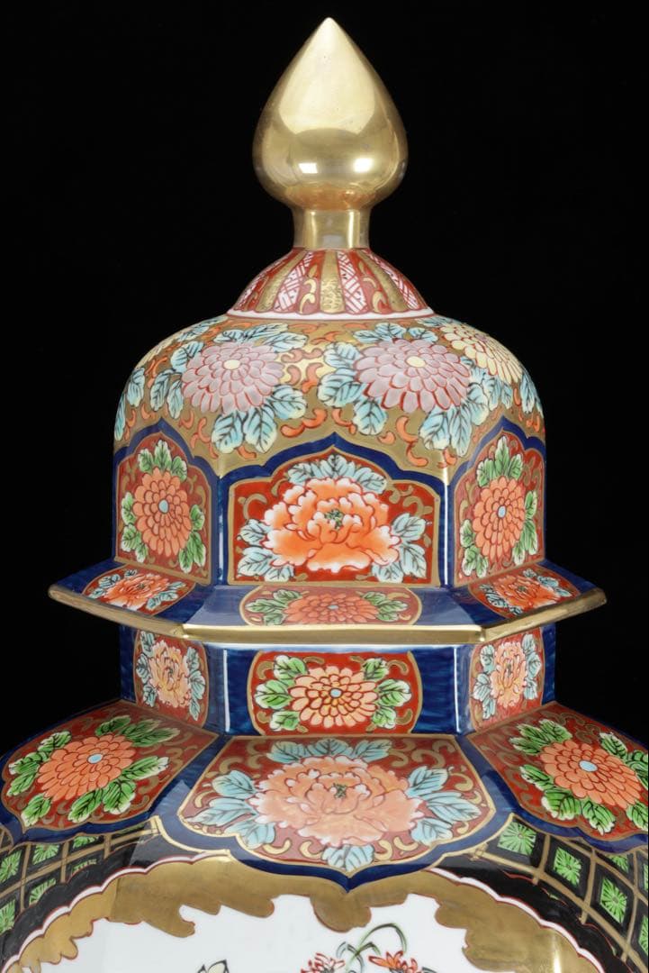 有田焼 龍右衛門 染錦窓絵花鳥図 沈香壺 飾壺 三段壺 特大85㎝ 骨董 古美術