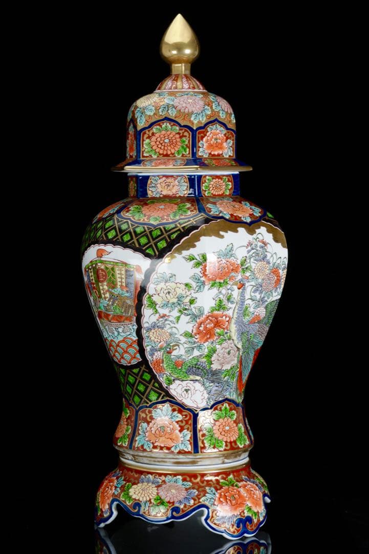 有田焼 龍右衛門 染錦窓絵花鳥図 沈香壺 飾壺 三段壺 特大85㎝ 骨董 古美術