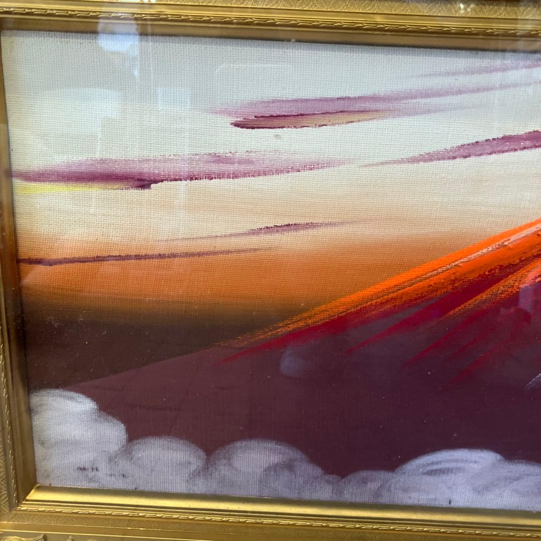 昭和レトロ 油絵 絵画 日本画 立体画 富士山 赤富士 夕焼け 夕日 アート
