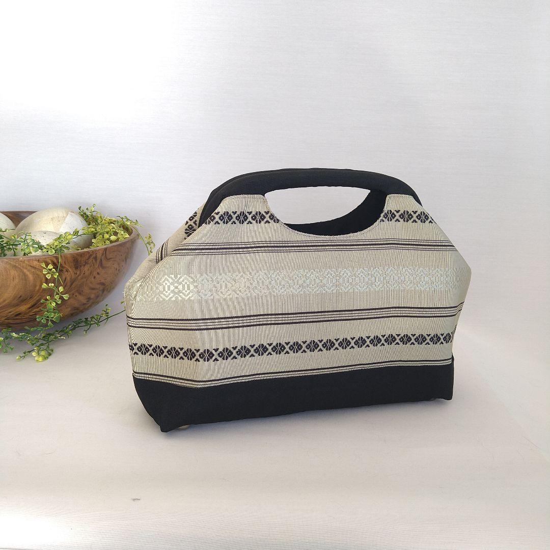 博多献上柄帯リメイク スモーキーグリーン✕黒　バネハンドルバッグ