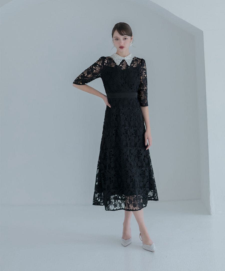 Leja 花柄レースビジューカラーAラインワンピースドレス