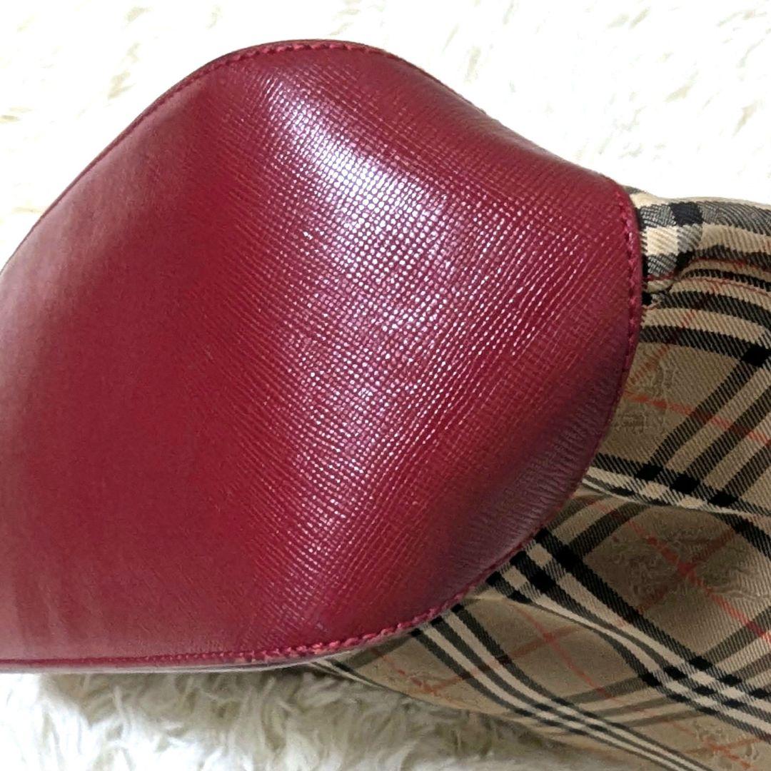 バーバリー　ノバチェック　キャンバス　レザー　ハンドバッグ　トートバッグ　赤