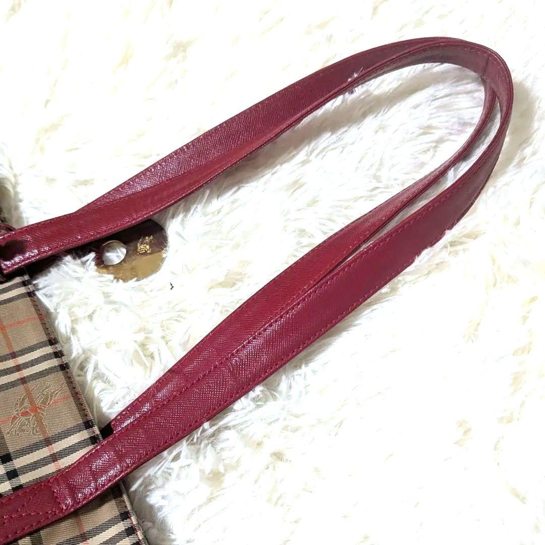 バーバリー　ノバチェック　キャンバス　レザー　ハンドバッグ　トートバッグ　赤