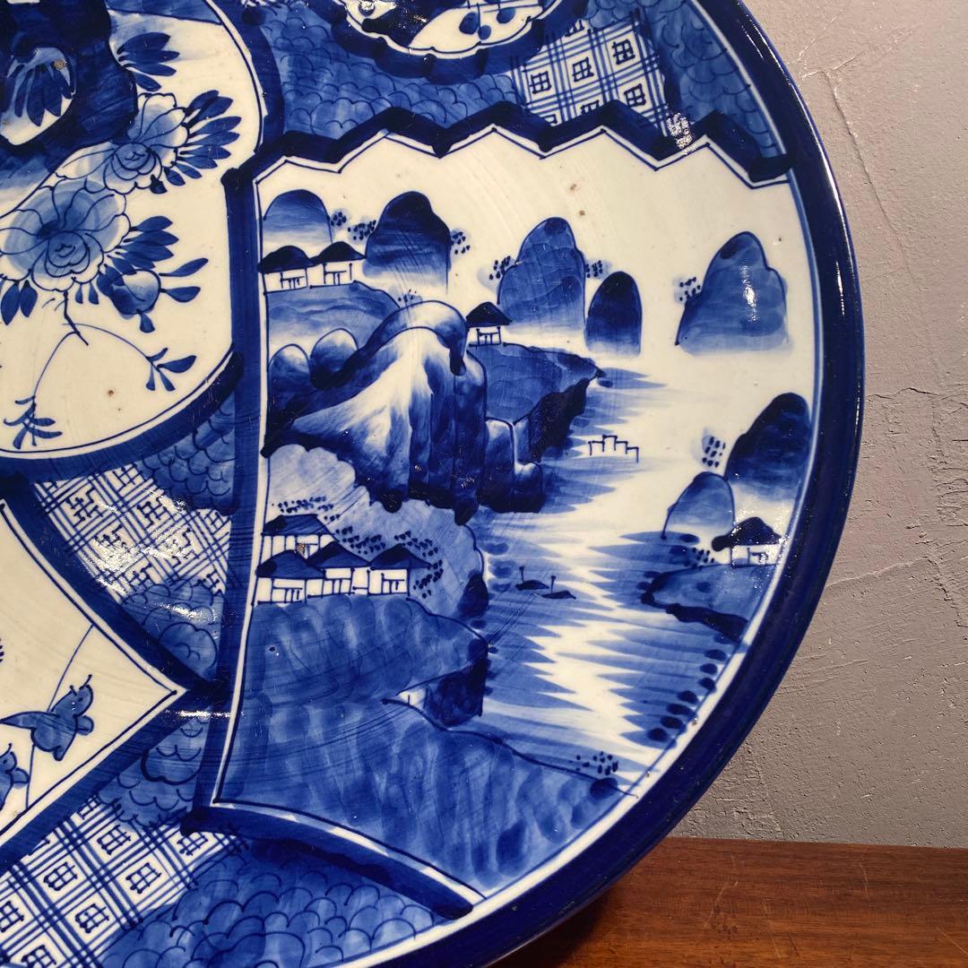 骨董品 古伊万里 40.5cm染付大皿 ベロ藍 山水画 花鳥文 江戸後期