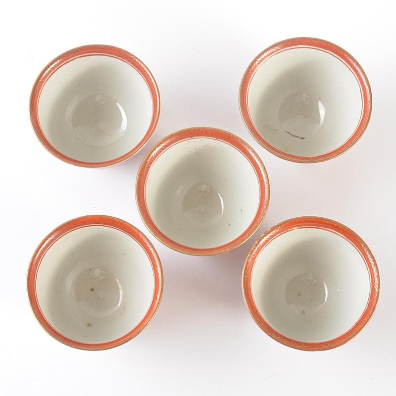 九谷焼　古九谷　九谷造　赤絵金彩　山水人物文　酒盃　ぐい呑　5客　V　R6502