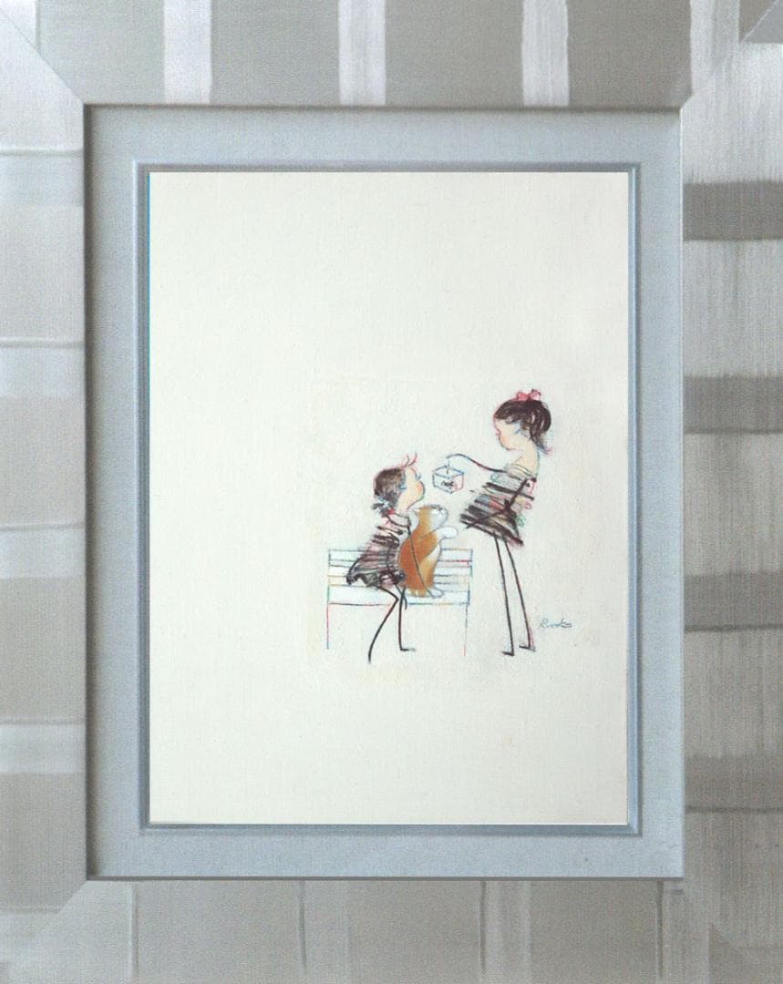 油絵 菅家令子 絵 絵画インテリア額付(銀) F4-030219 子猫子犬女の子